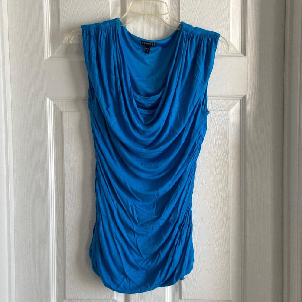 Blue Draped Sleeveless Blouse